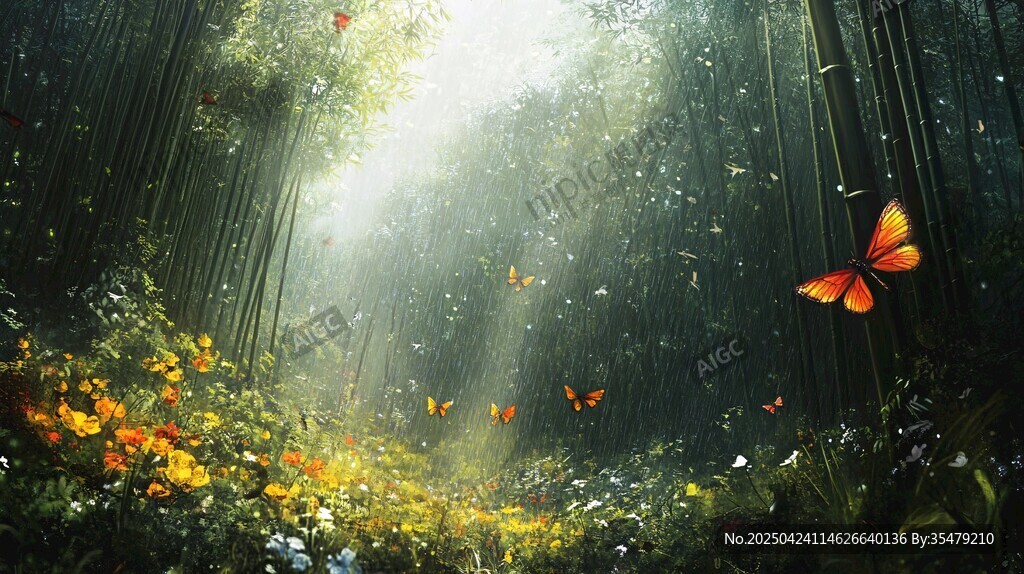 陽光竹林間的蝴蝶夢幻之景