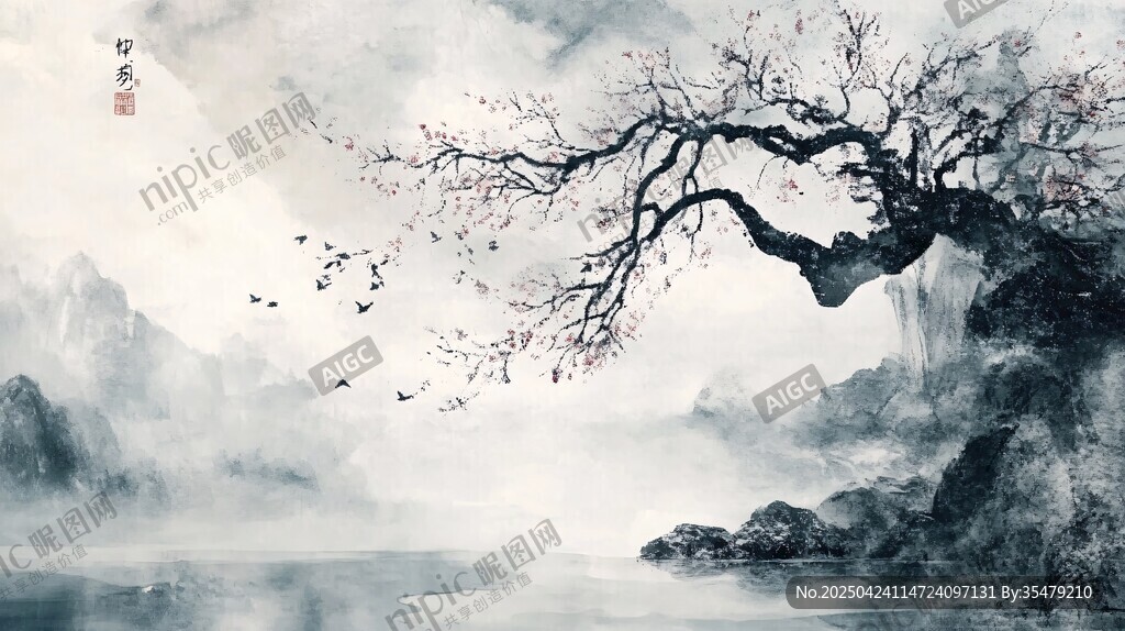 水墨孤樹(shù)山水間