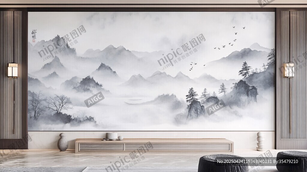 中式山水壁畫客廳裝飾