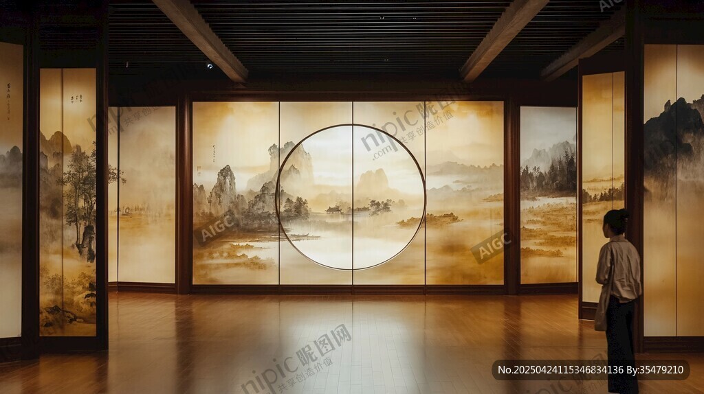 展廳賞中式山水藝術畫作