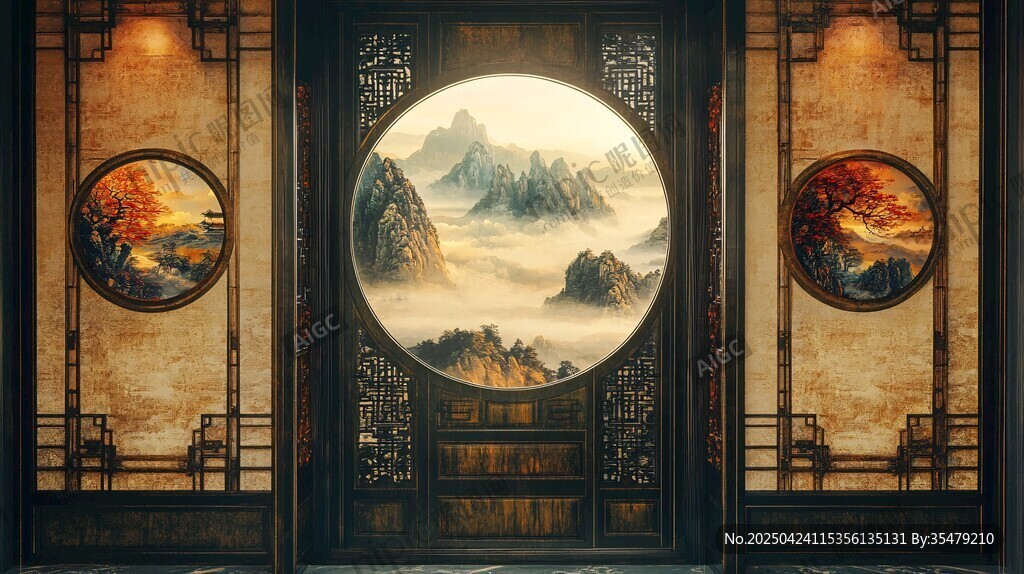 中式古典屏風(fēng)上的山水圖景