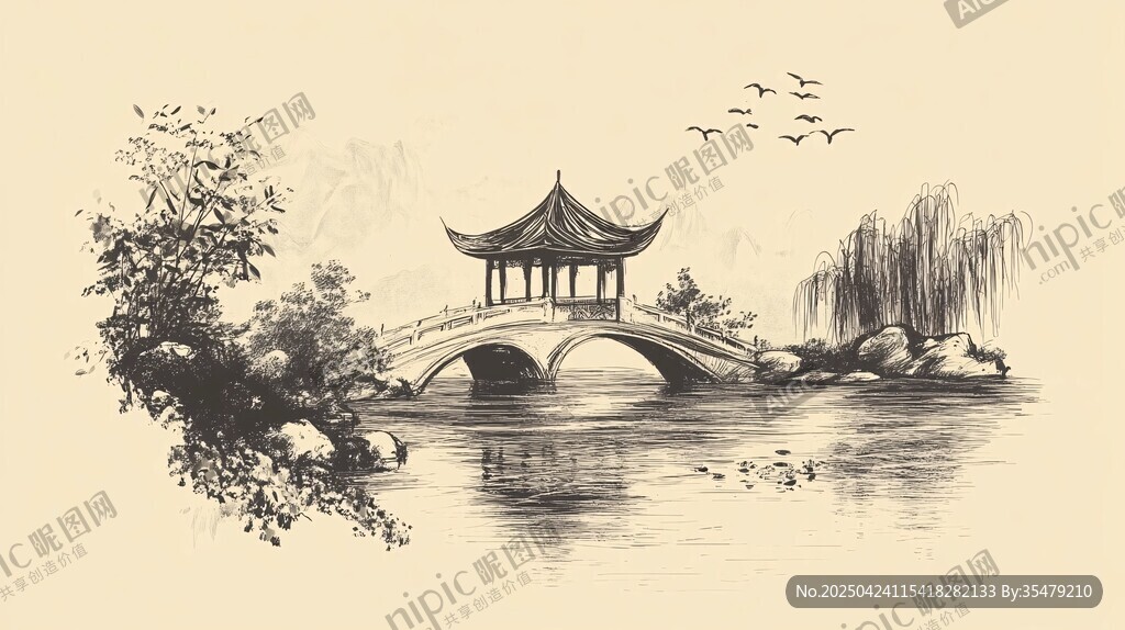 水墨江南橋亭飛鳥(niǎo)圖