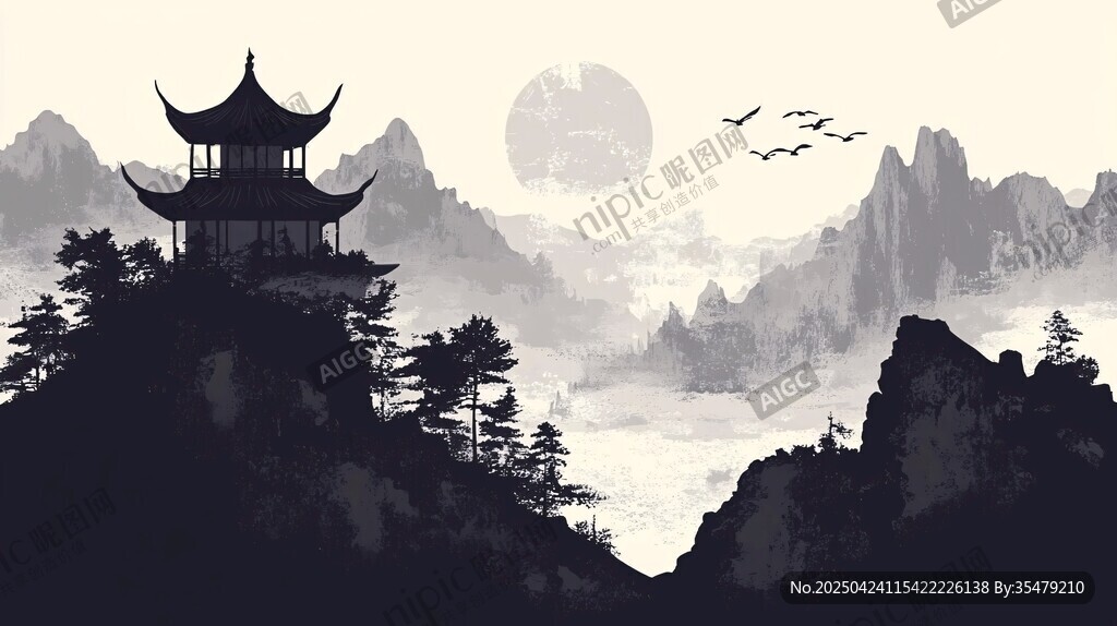 中式山水亭閣月夜圖景