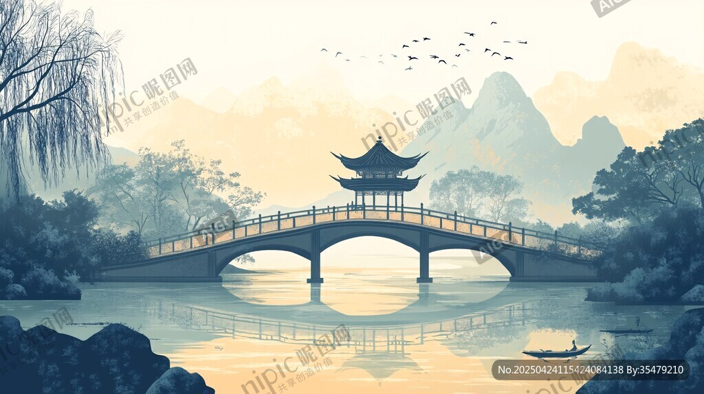 水墨江南橋畔山水景致