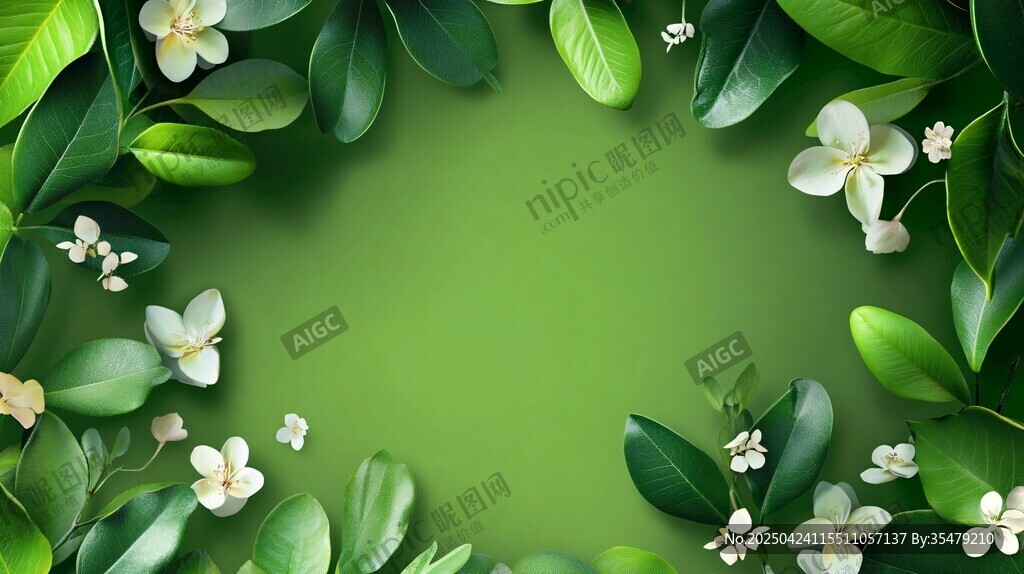 綠葉白花環(huán)繞的清新背景