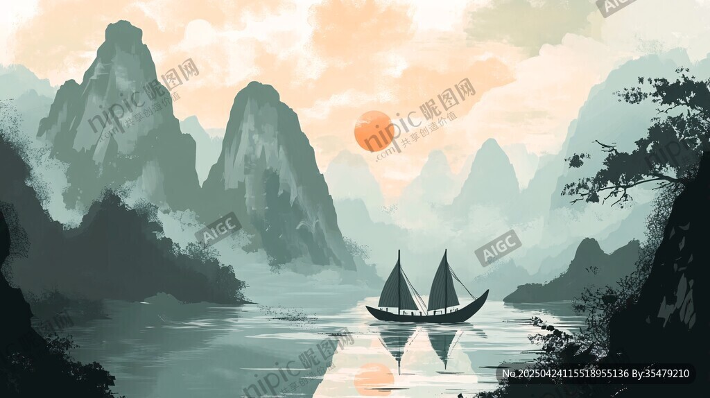 江上帆船映夕陽美景