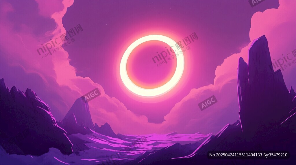 夢幻紫色天空中的發(fā)光圓環(huán)