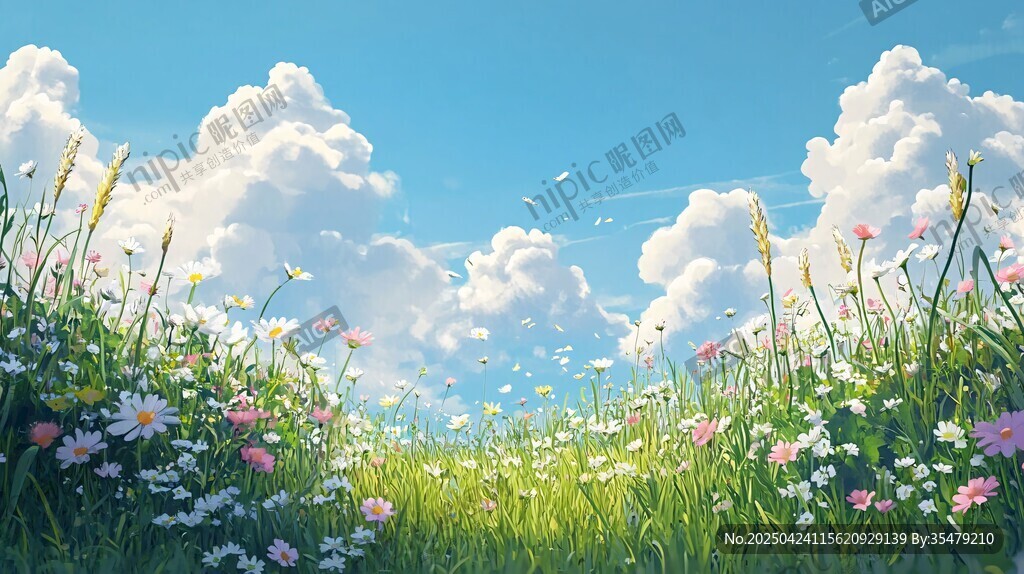 藍天白云下的爛漫花草地