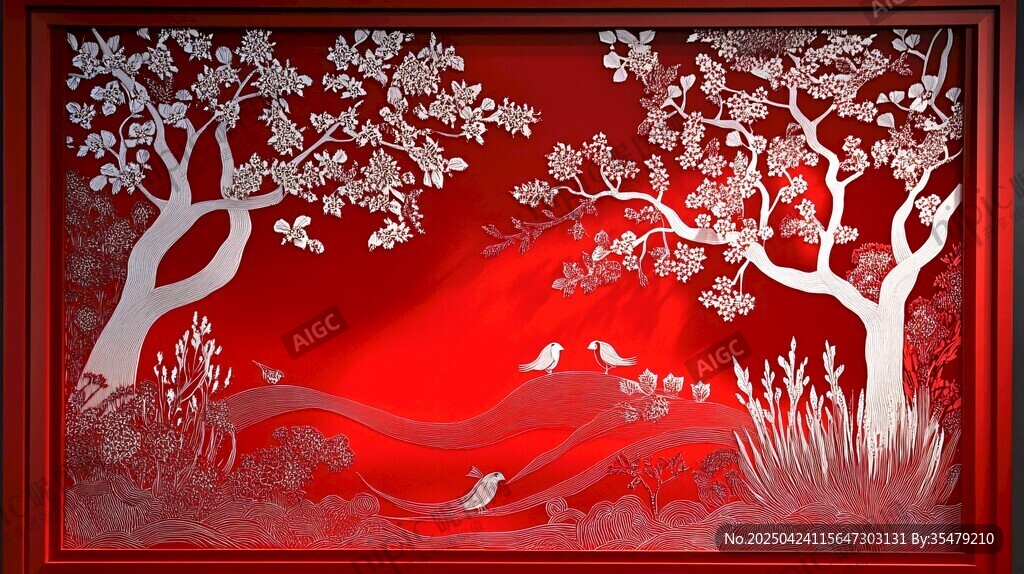紅底花鳥剪紙藝術(shù)圖景