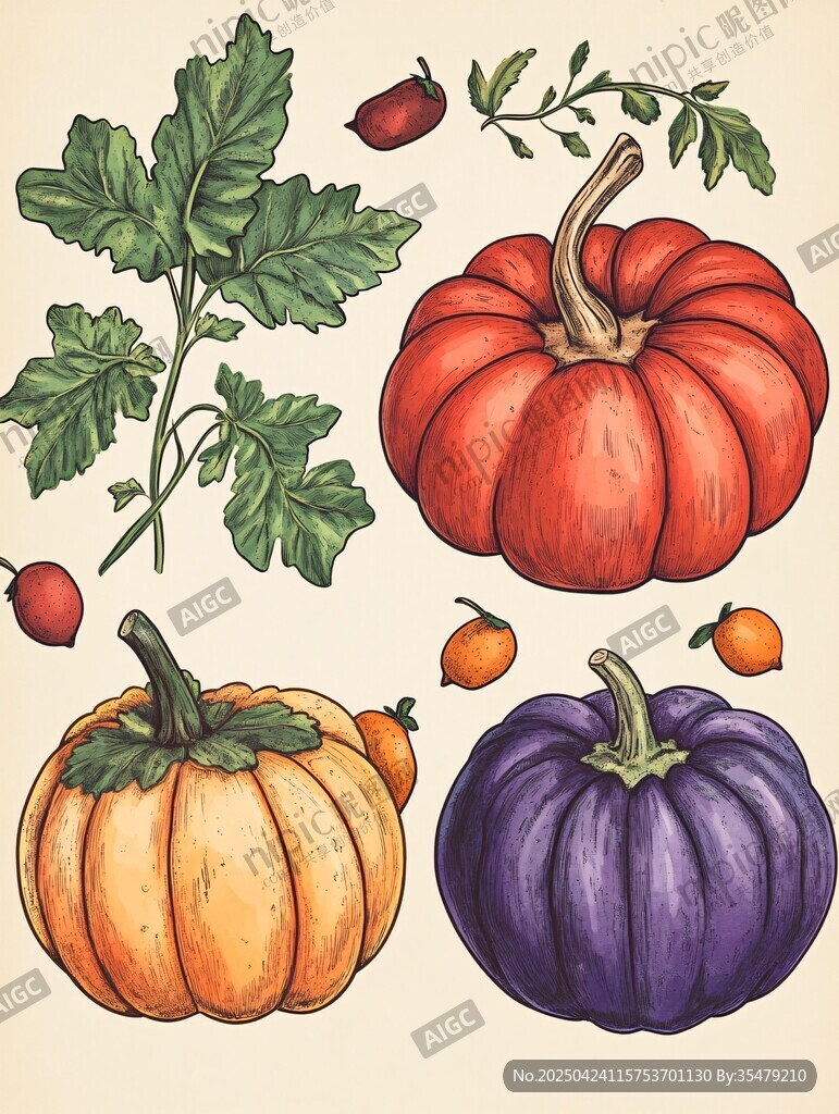 多彩南瓜及枝葉插畫素材