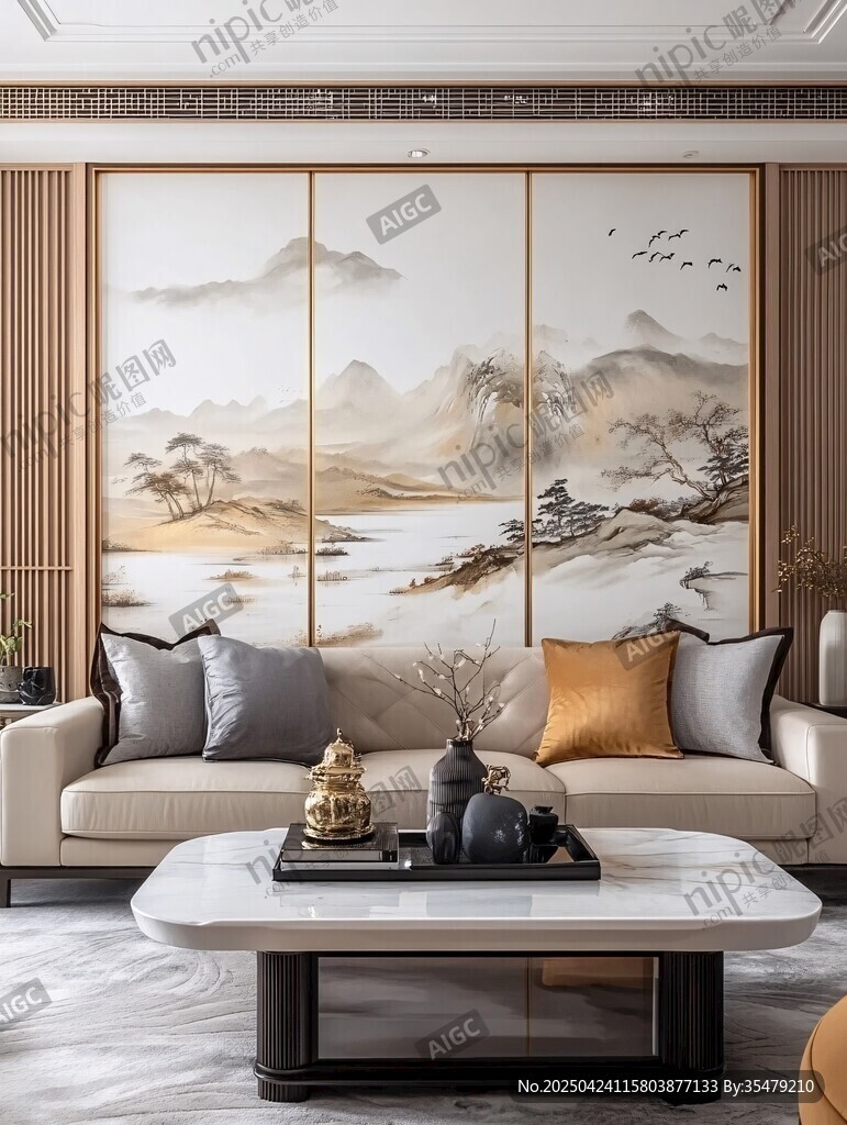 中式客厅山水壁画沙发场景 中式客厅山水壁画沙发场景