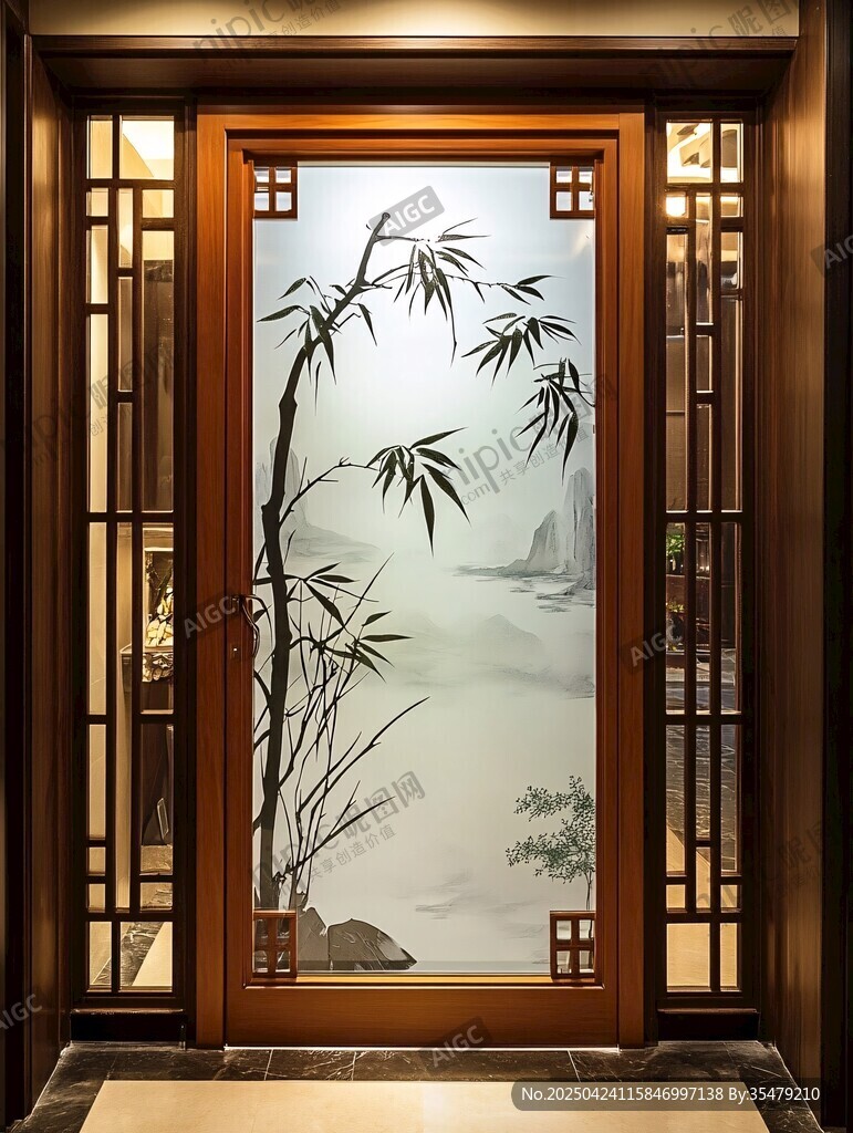 中式屏風(fēng)上的水墨竹景