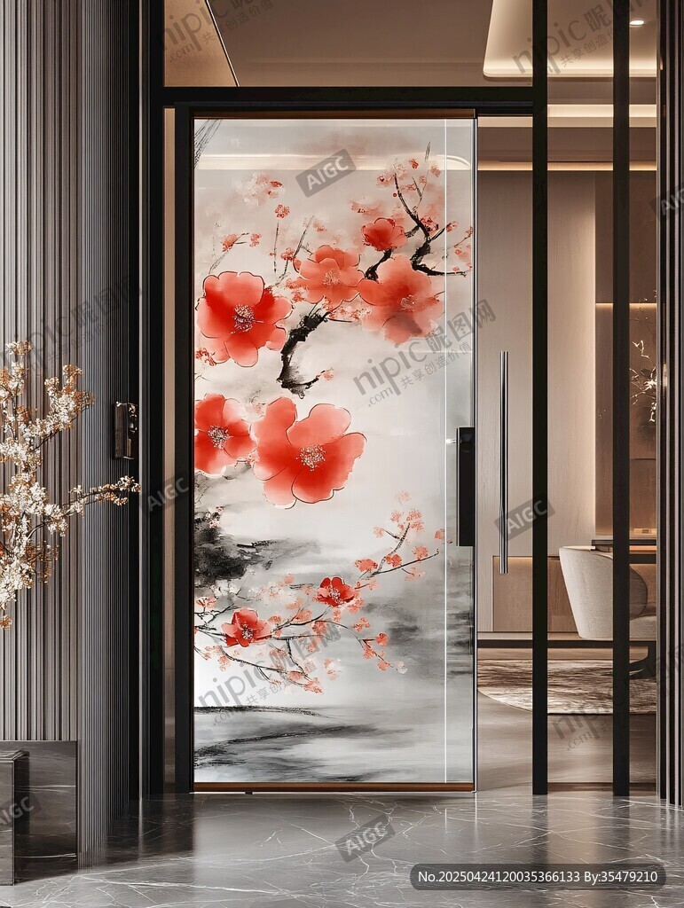 中式玄關(guān)梅花藝術(shù)玻璃