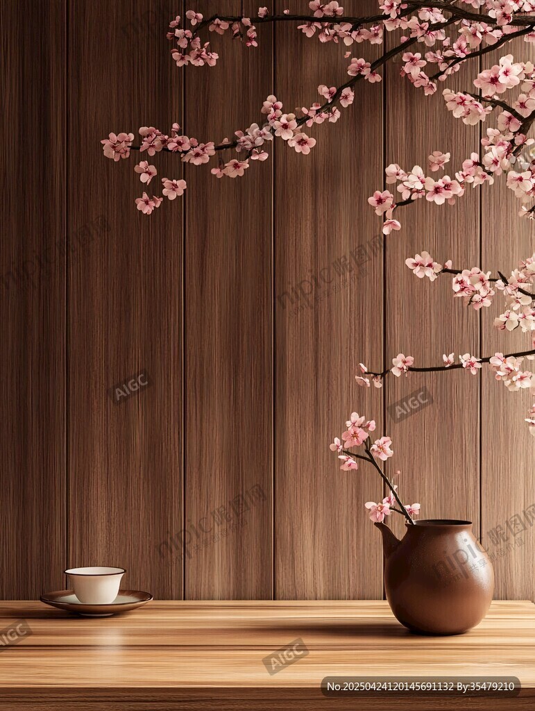 木質(zhì)背景下的茶與花枝