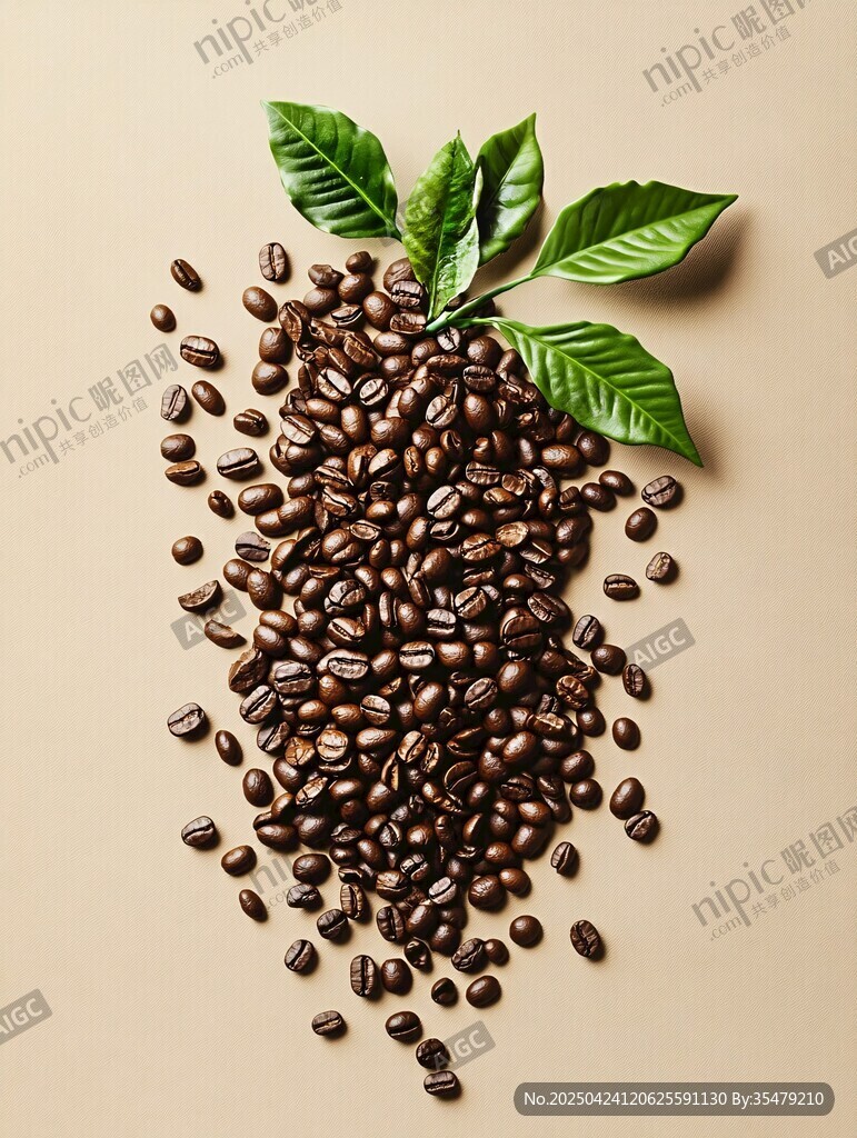 咖啡豆與綠葉的自然組合