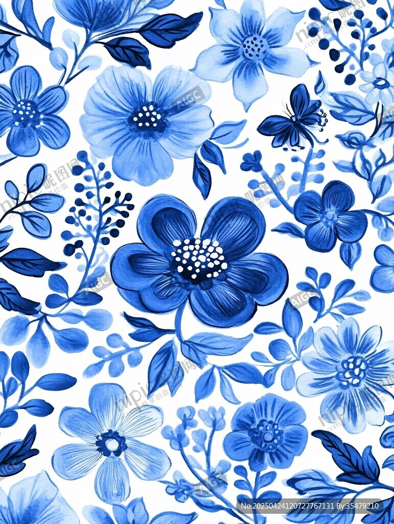 藍白花卉圖案無縫背景圖