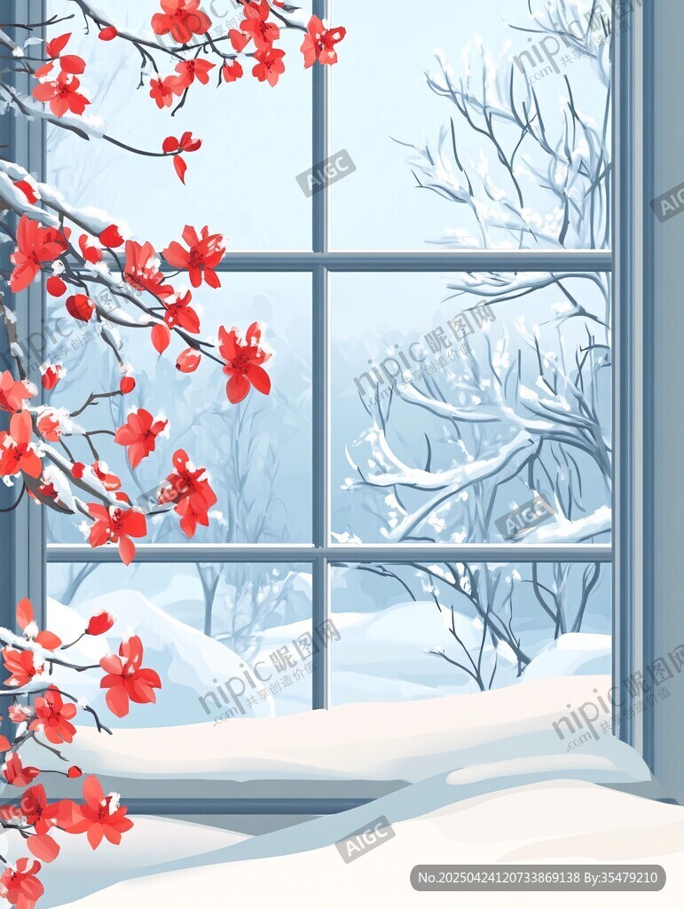 窗邊紅梅映雪景