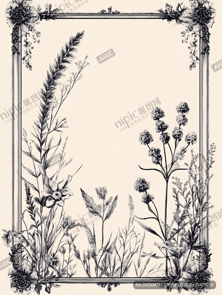 復(fù)古手繪花草邊框插畫
