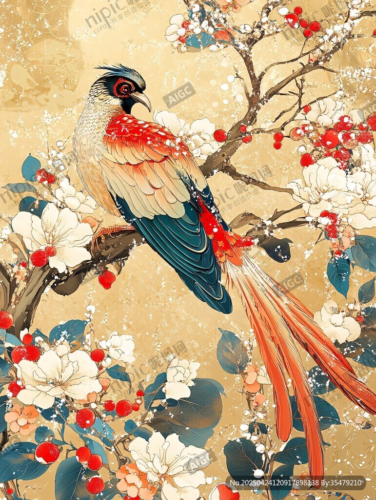錦羽棲花圖