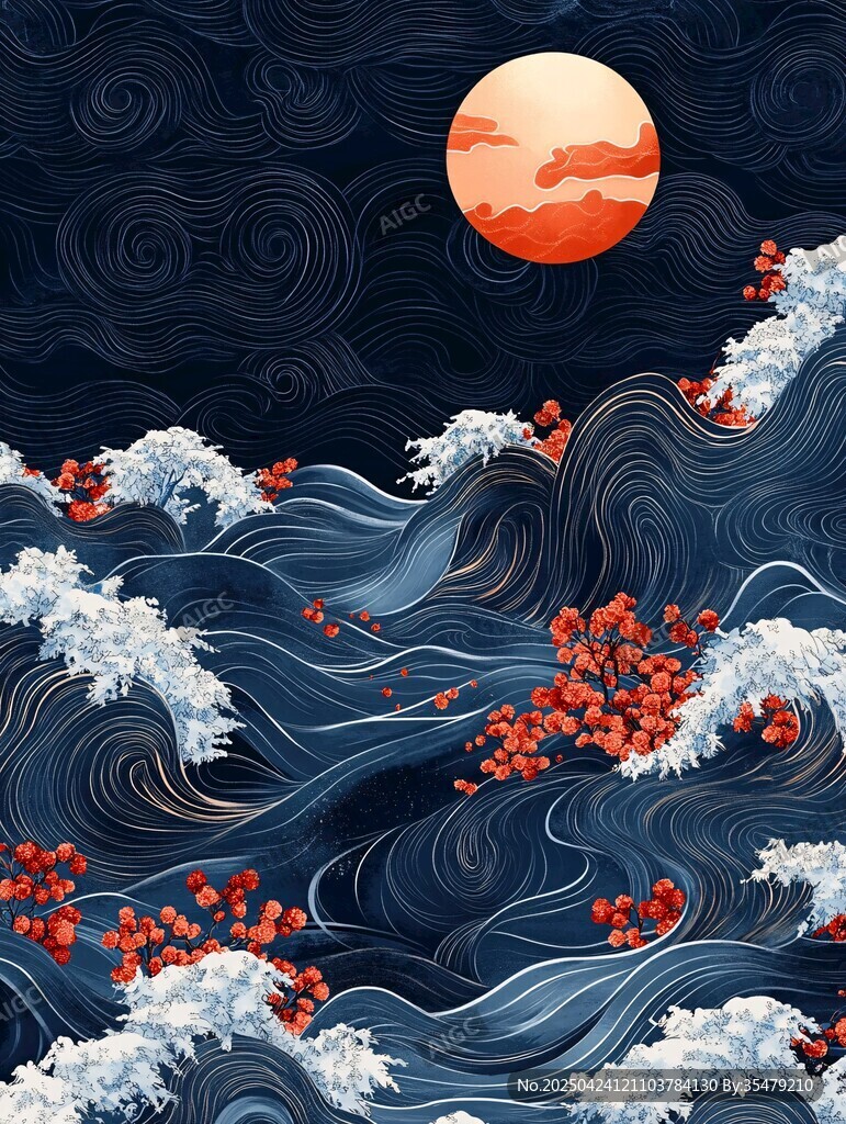月夜海浪與繁花之景