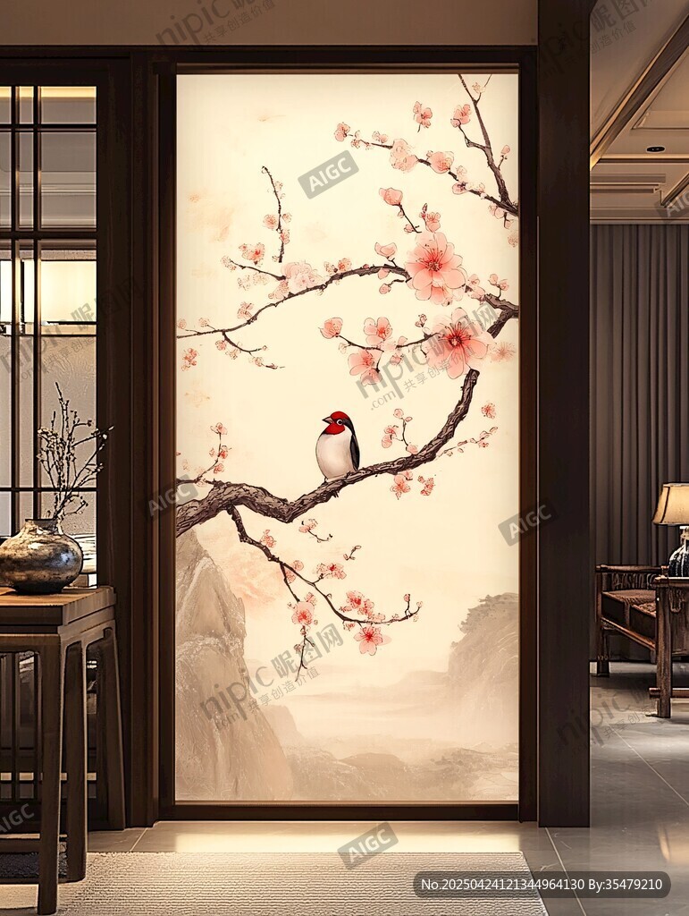 中式花鳥屏風 雅致玄關景