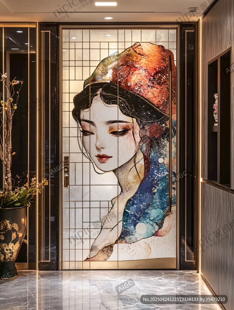 中式玄關處的古典美人壁畫