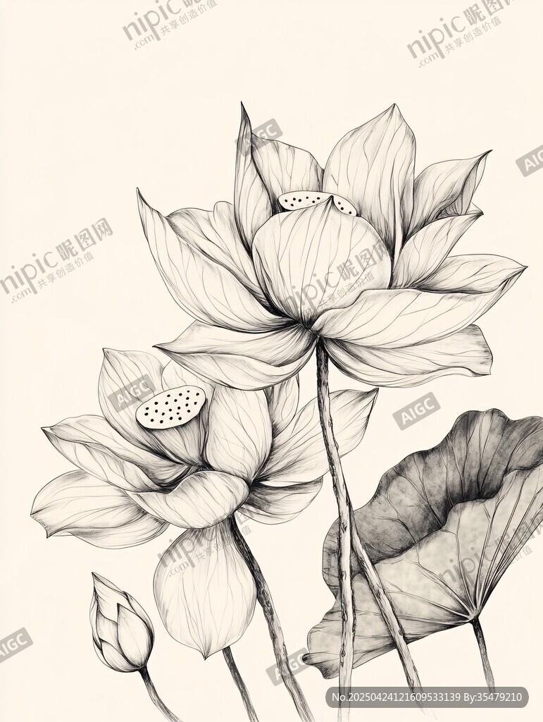 黑白線描荷花插畫