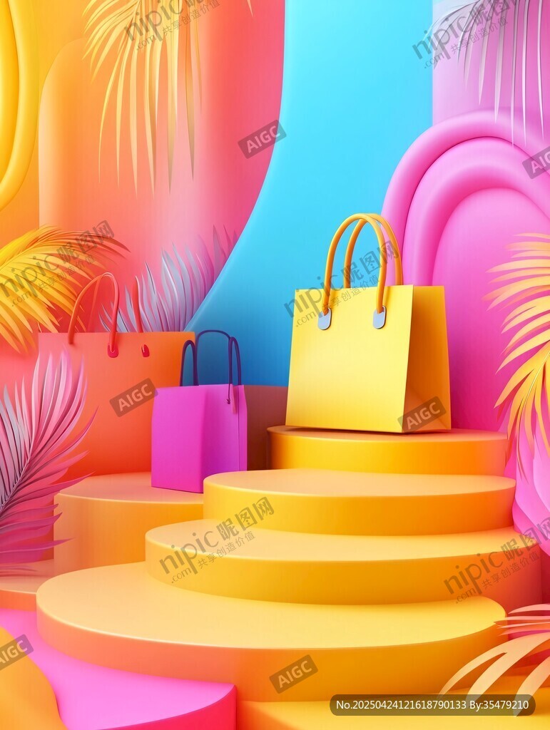 多彩購物袋展示于繽紛場景