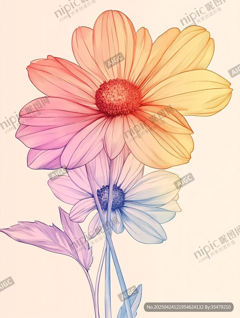 夢幻漸變色彩手繪雛菊花