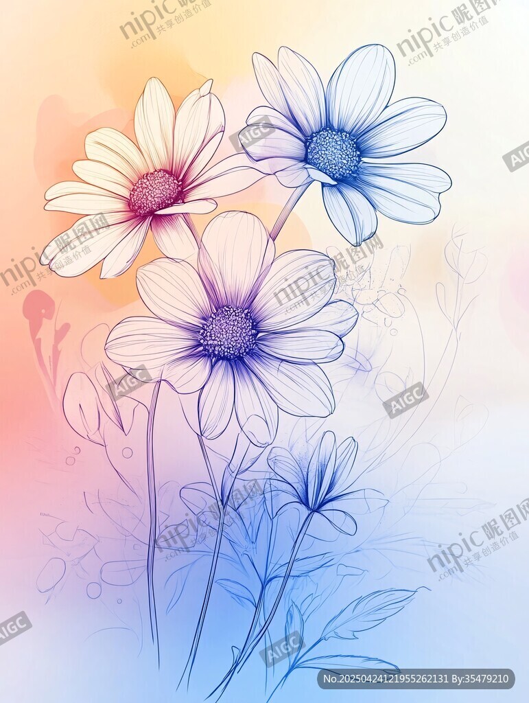 夢(mèng)幻線(xiàn)條繪三色美麗雛菊