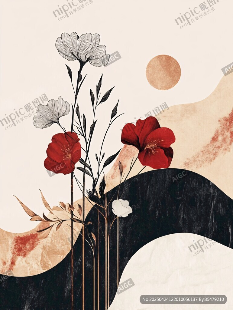 花卉與山水的詩意插畫
