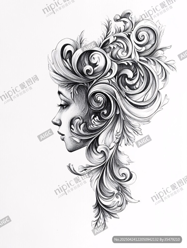 華麗卷紋裝飾的女性側(cè)影