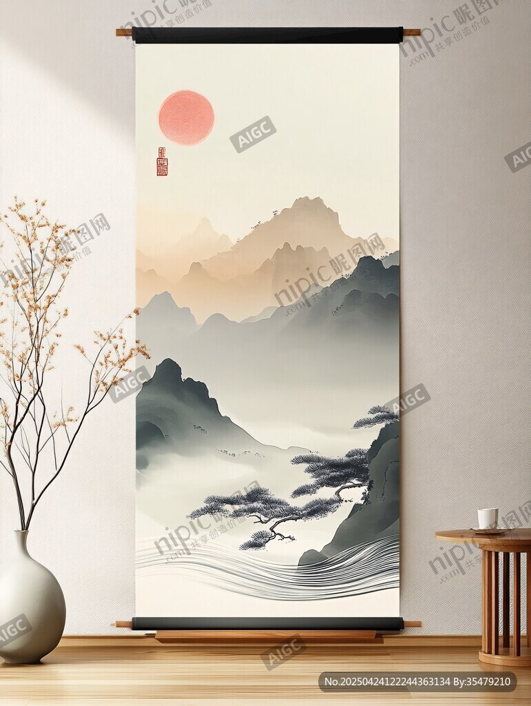 中式山水卷軸裝飾畫