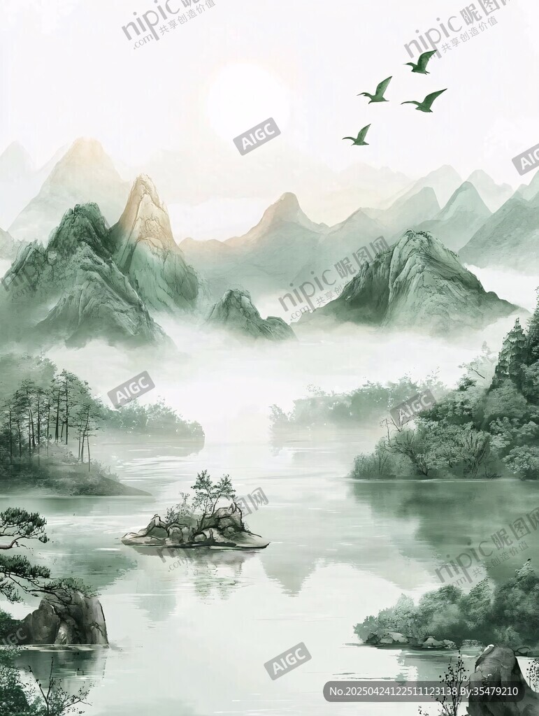 水墨山水間飛鳥伴江景