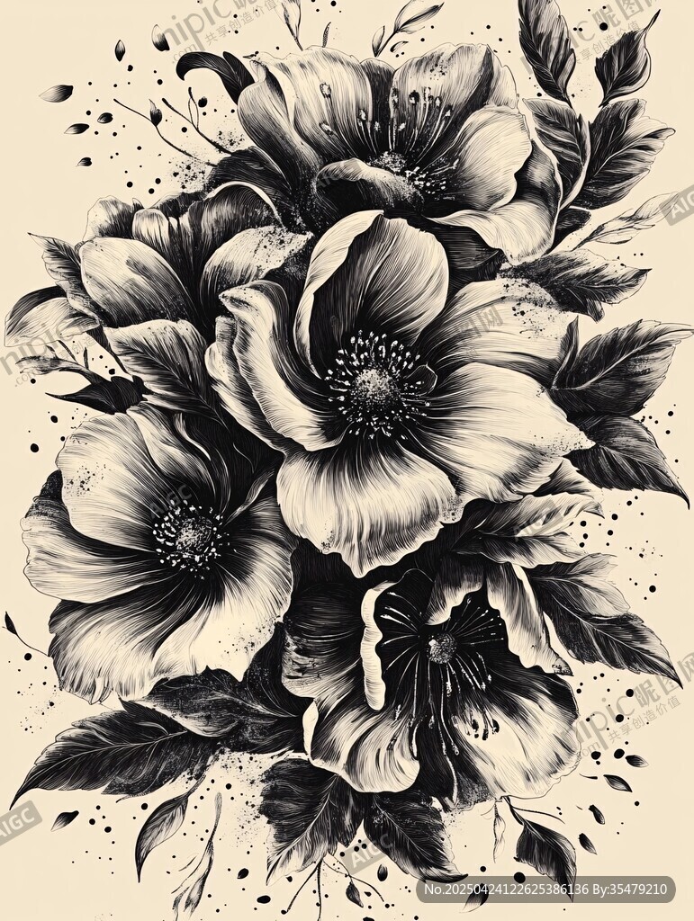 黑白花卉藝術(shù)插畫