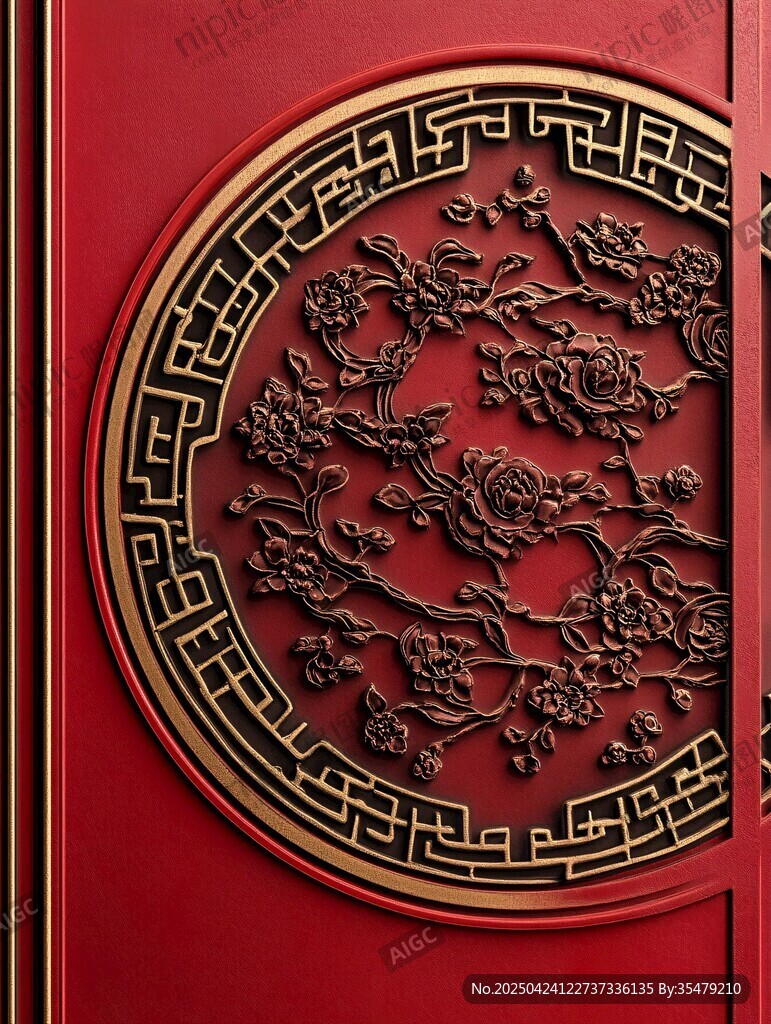 中式紅門雕花精美圖案