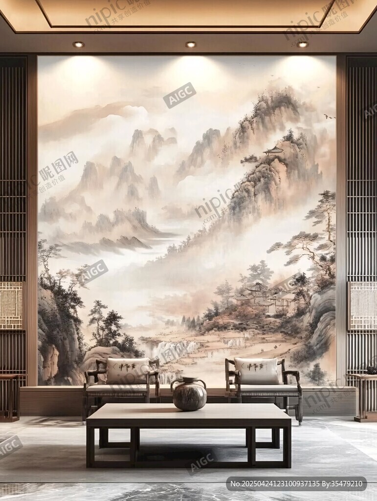 中式客廳水墨山水壁畫裝飾