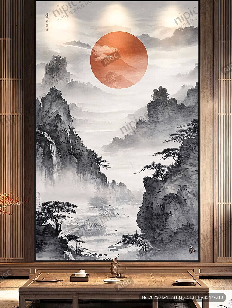 中式山水掛畫 紅日映山川
