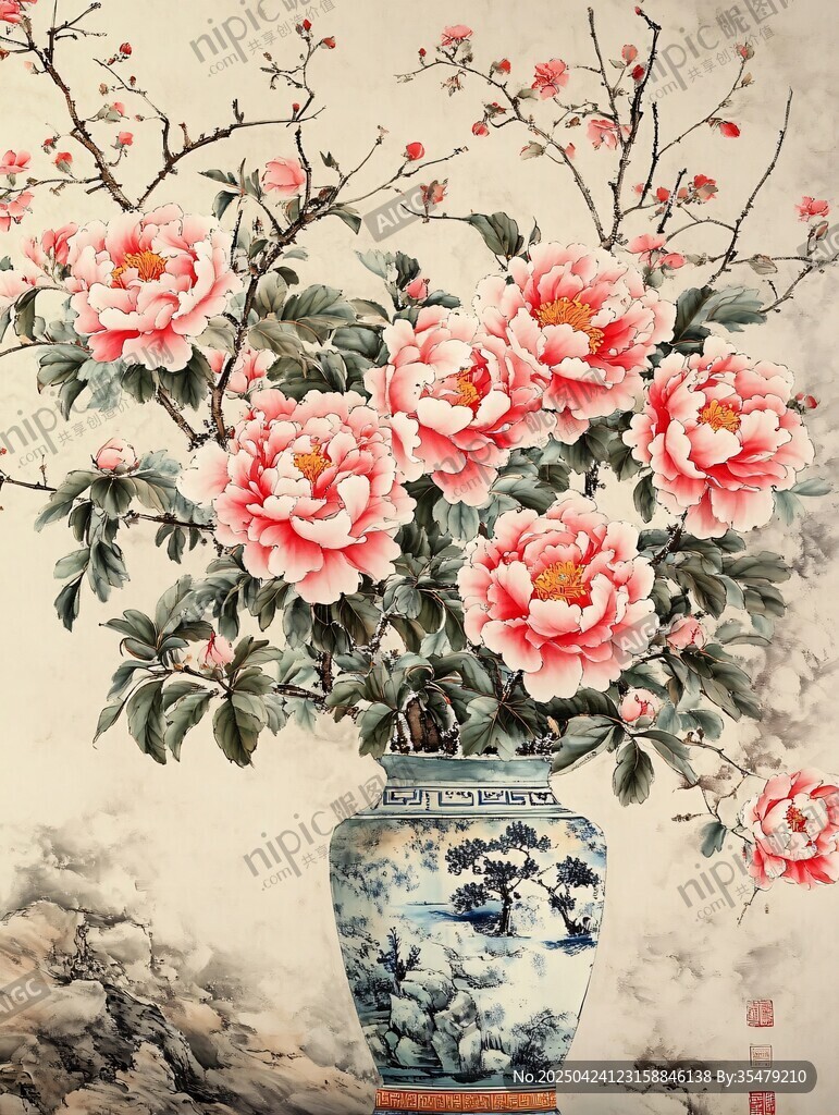 花瓶中的嬌艷盛放牡丹花