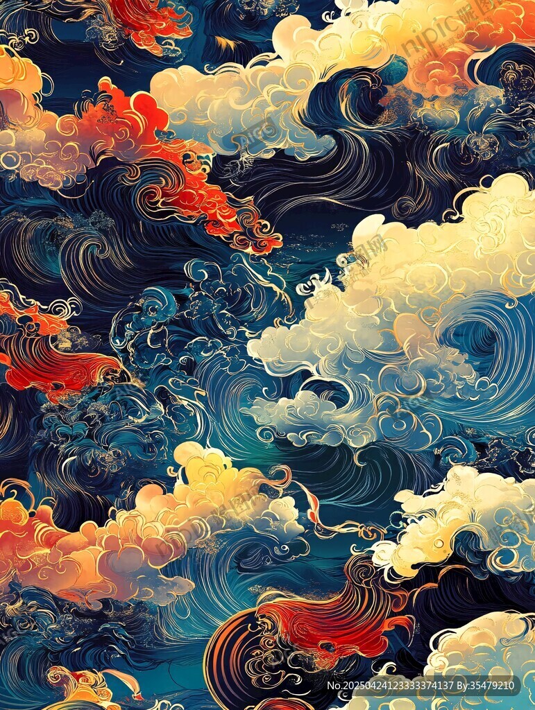 中式奇幻云海波濤圖