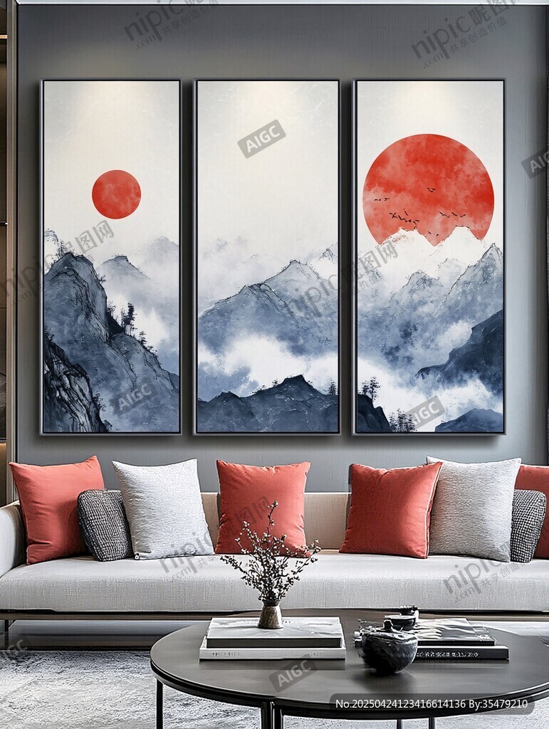 三聯(lián)山水紅日裝飾畫