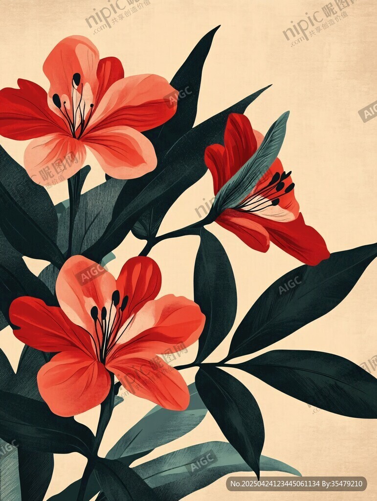 鮮艷紅花配墨綠葉片