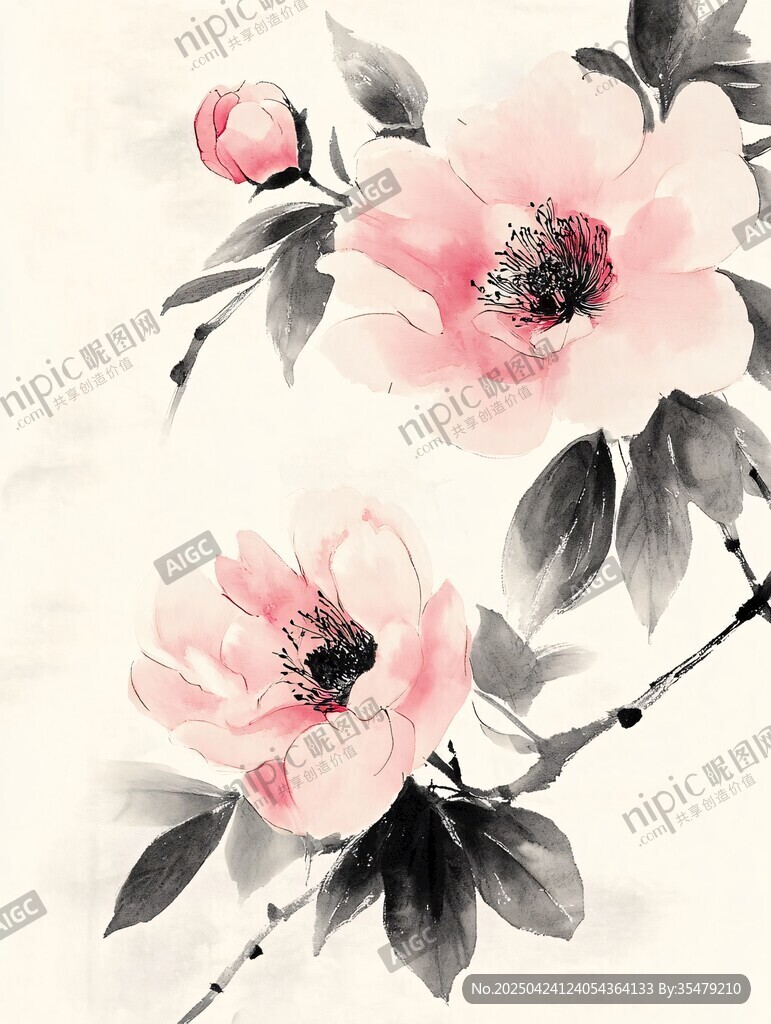 水墨粉花圖