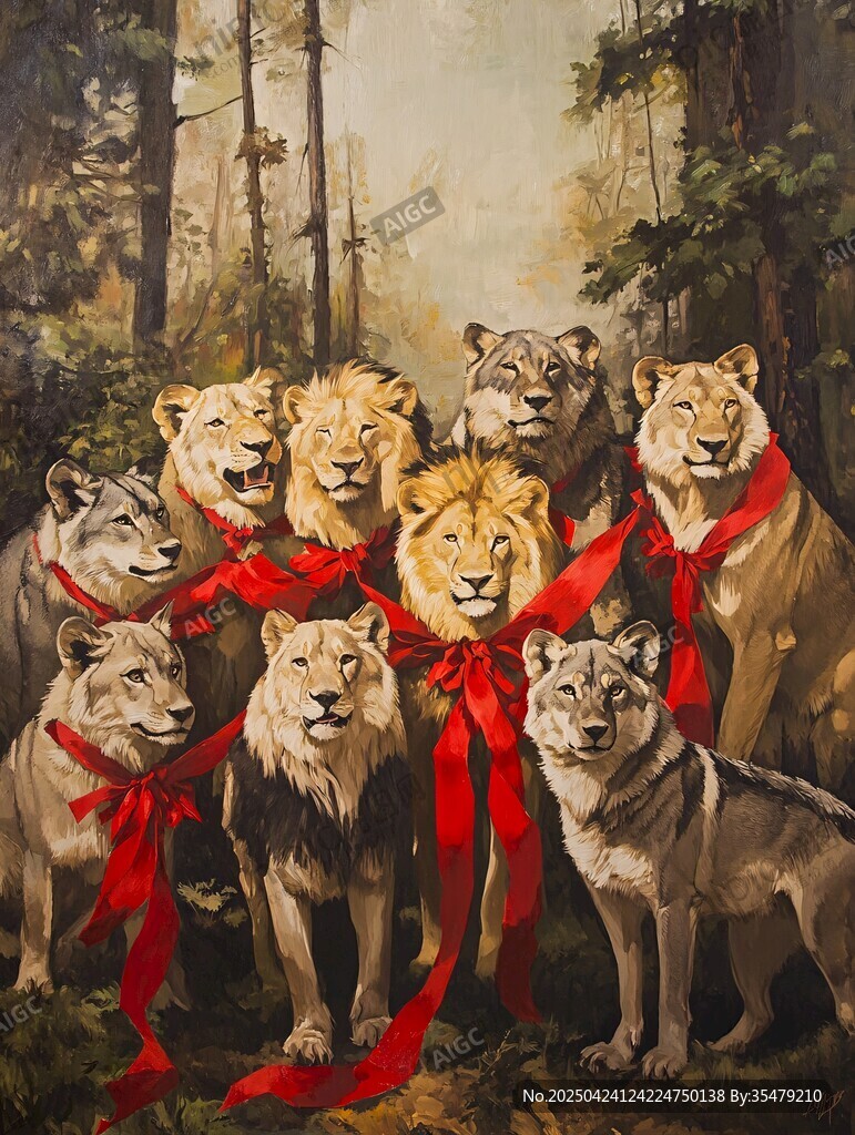 獅狼齊聚系紅綢的森林圖景