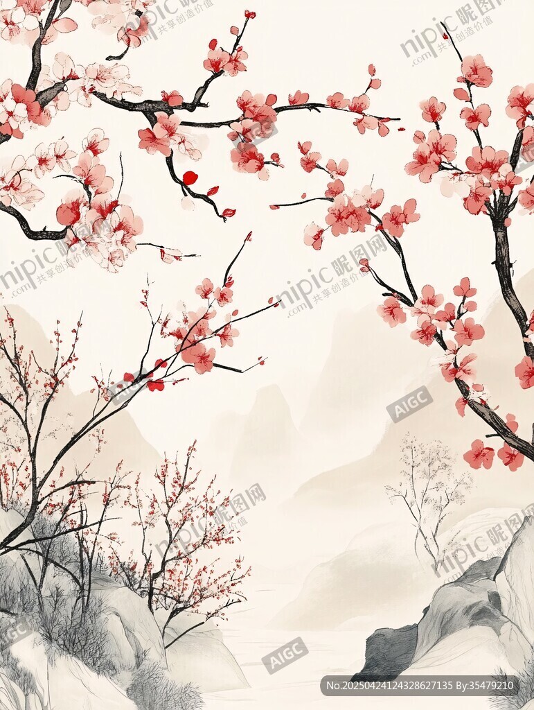 紅梅映山水中式詩意畫