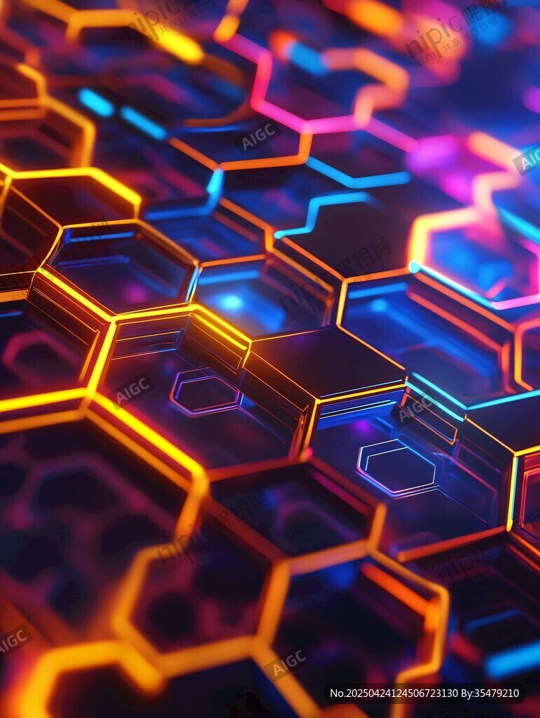 炫彩六邊形科技感背景圖
