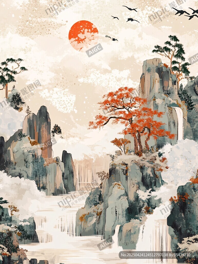 秋日山水紅日飛鳥圖