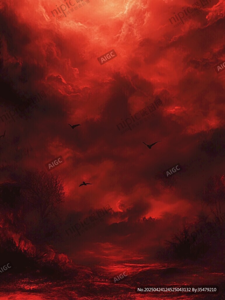 血紅天空下的飛鳥景象