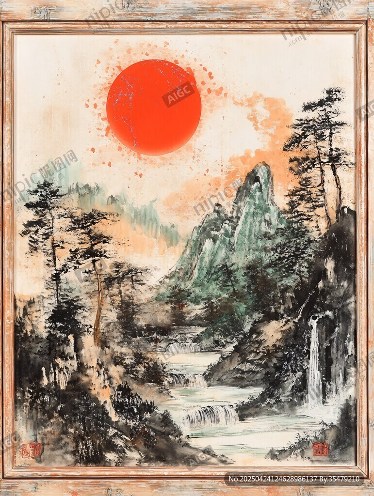 旭日山林山水國畫意境圖