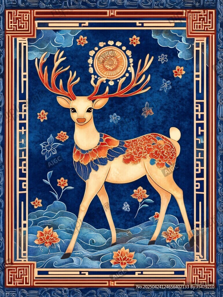 瑞鹿呈祥中式祥瑞圖案
